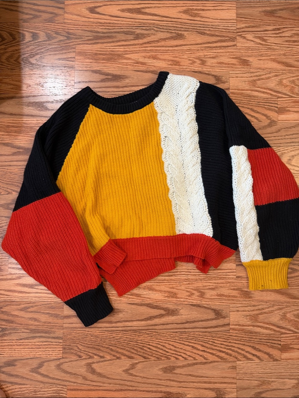 Colorblock Cable-Knit Crewneck Sweater — Mustard, Black, Red, Cream